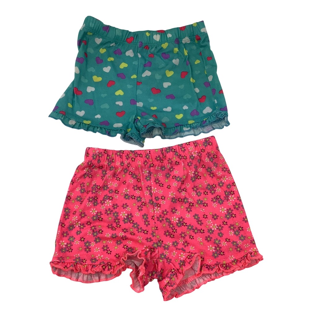 Joe Boxer Pajama Shorts Girls 12M Pink Floral Teal Hearts Ruffle‎ Hem Lot of 2